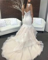 Mermaid Straps Tiered Champagne Wedding Dress Tulle Lace Appliques - MyChicDress